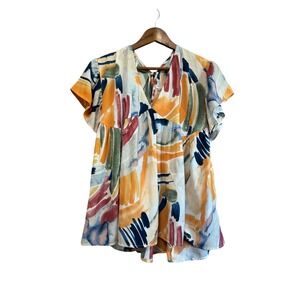 Joy Joy Abstract Watercolor Babydoll Top Womens Large Multicolor V-Neck Blouse